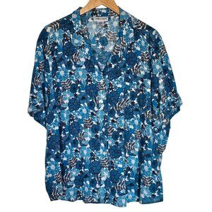 Cabin Creek Floral Print Button-Down Shirt Women Size 3X Blue White Short Sleeve
